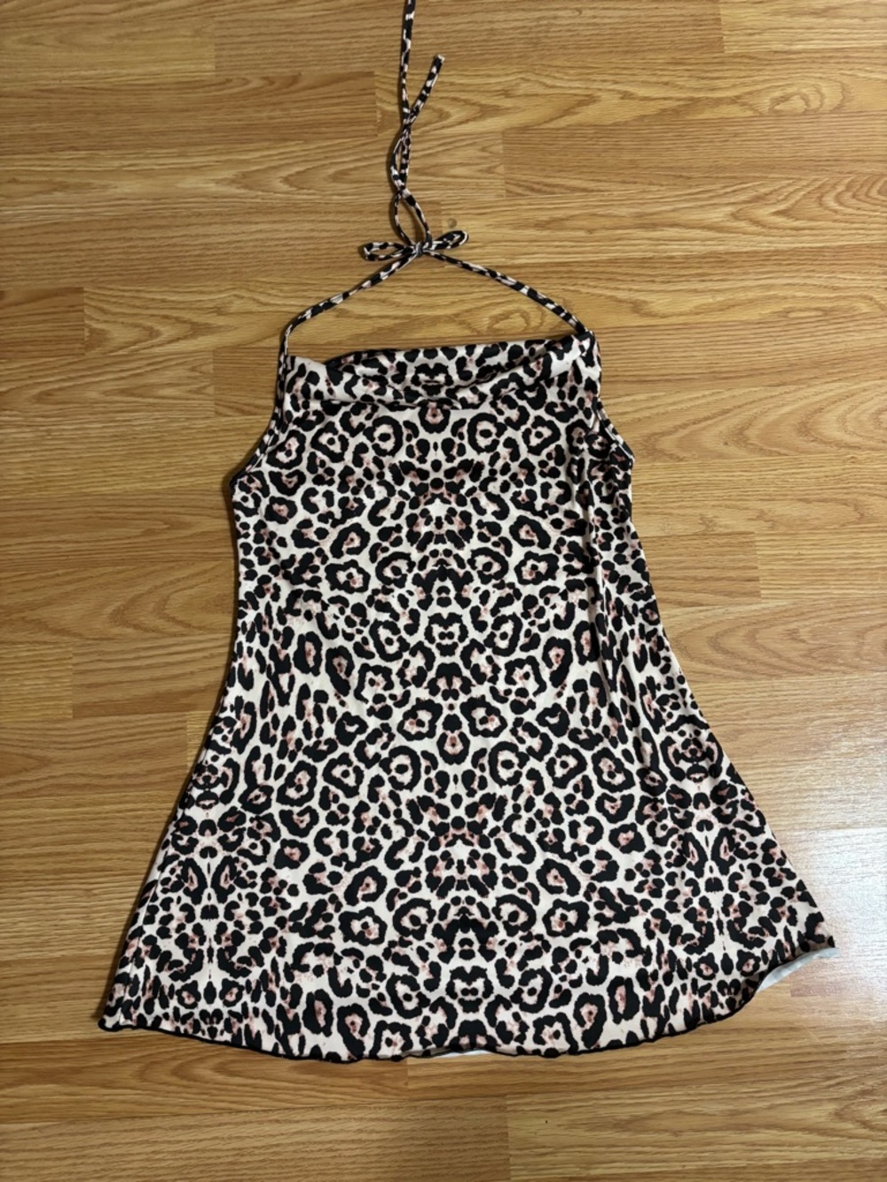 Leopard Print Halter Mini Dress in Cream and Black with Blush Accents